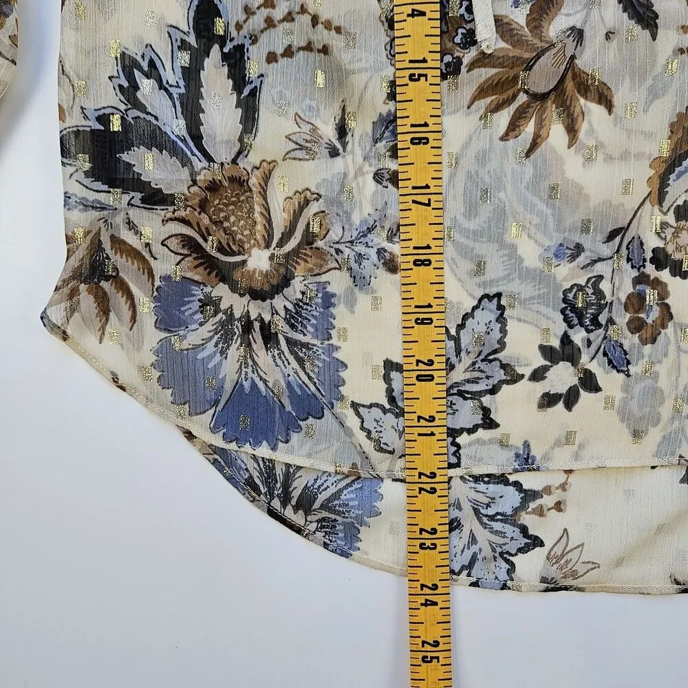LOFT Size XS Womens Beige Floral Mock Neck Tie Long Puff Sleeve Blouse